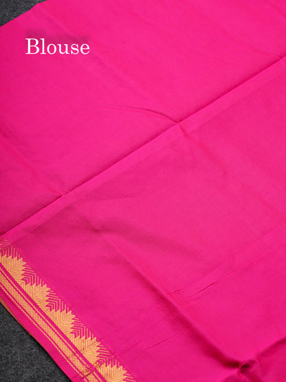 Beautiful Rexona Green Plain Semi Silk Cotton Saree With Contrast Magenta Pink Blouse