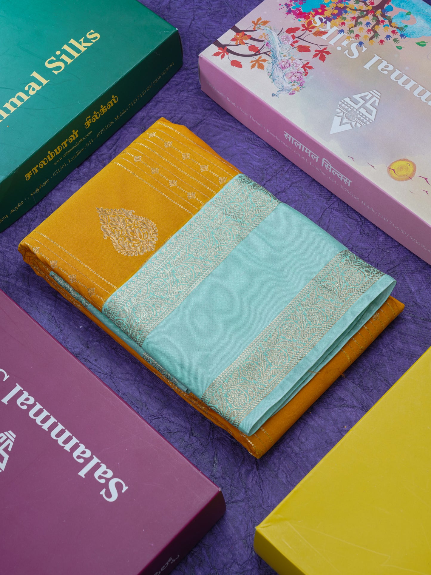 Mustard Yellow Semi Silk Saree With Contrast Elaichi Green Traditional Rettapet Border