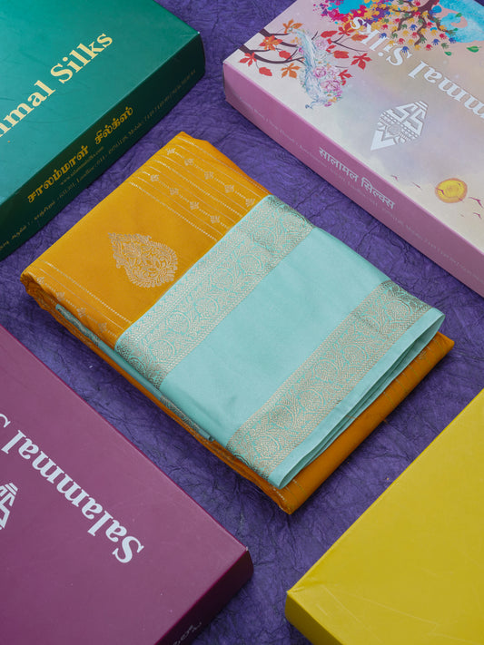 Mustard Yellow Semi Silk Saree With Contrast Elaichi Green Traditional Rettapet Border