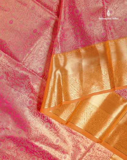 Tissue Bridal Semi Silk Saree - Pink Colour Body With Contrast Orange Border