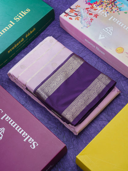 Baby Pink Semi Silk Saree With Contrast Dark Purple Traditional Rettapet Border