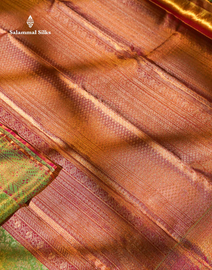 Beautiful Parrot Green Tissue Bridal Pure Kanjivaram Silk Saree With Contrast Pink Fancy Evening Morning Border