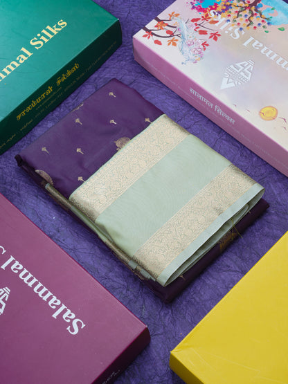 Dark Purple Semi Silk Saree With Contrast Pista Green Traditional Gap Border