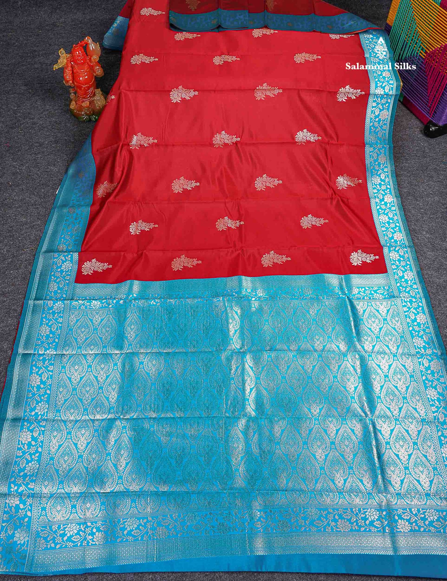 Semi Silk Saree -  Red Colour Body With Contrast Blue Fancy Border