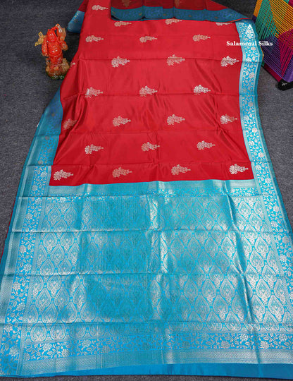 Semi Silk Saree -  Red Colour Body With Contrast Blue Fancy Border