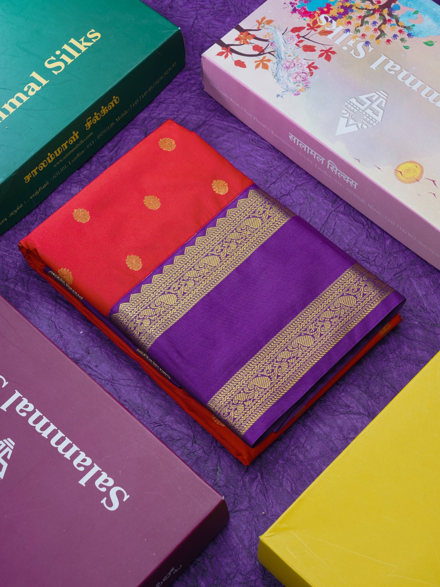 Red Semi Silk Saree With Contrast Purple Traditional Rettapet Border