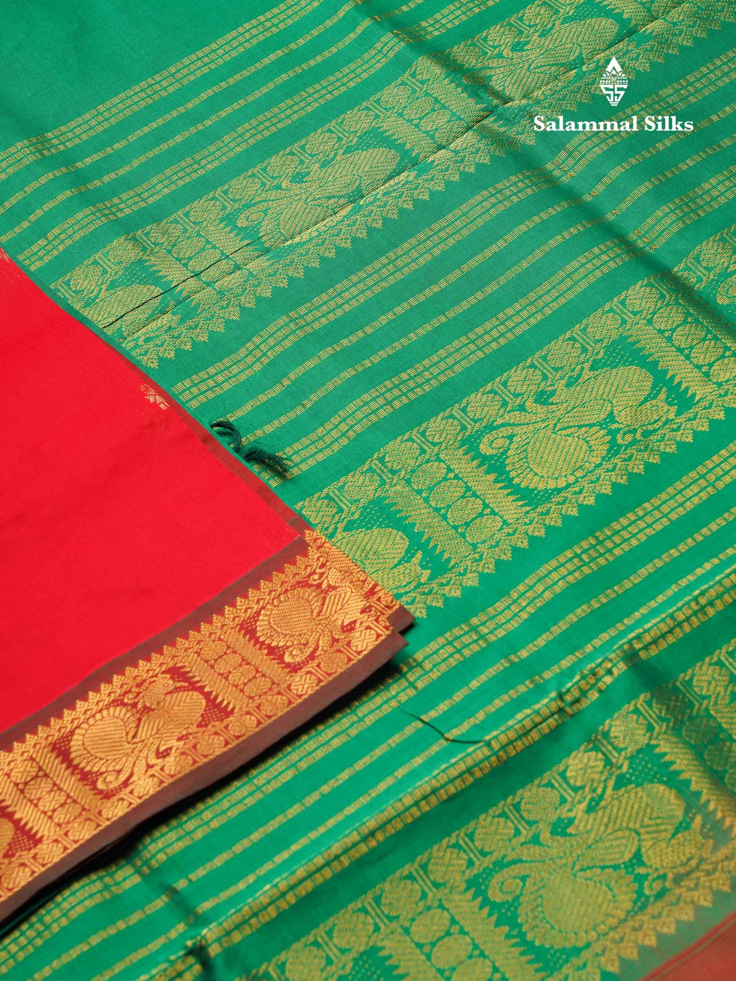 Beautiful Chilly Red Mango Zari Butta Red Semi Silk Cotton Saree With Contrast Saffire Green Blouse