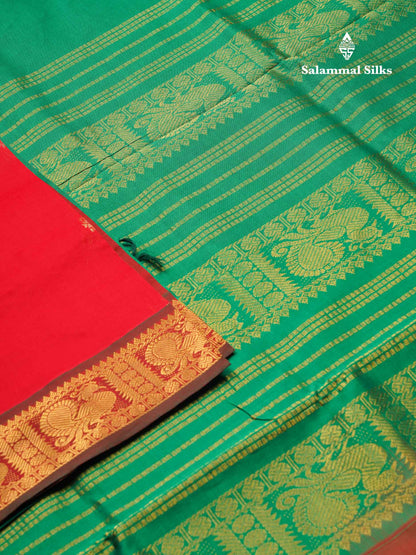 Beautiful Chilly Red Mango Zari Butta Red Semi Silk Cotton Saree With Contrast Saffire Green Blouse