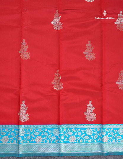 Semi Silk Saree -  Red Colour Body With Contrast Blue Fancy Border