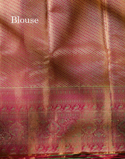 Beautiful Parrot Green Tissue Bridal Pure Kanjivaram Silk Saree With Contrast Pink Fancy Evening Morning Border