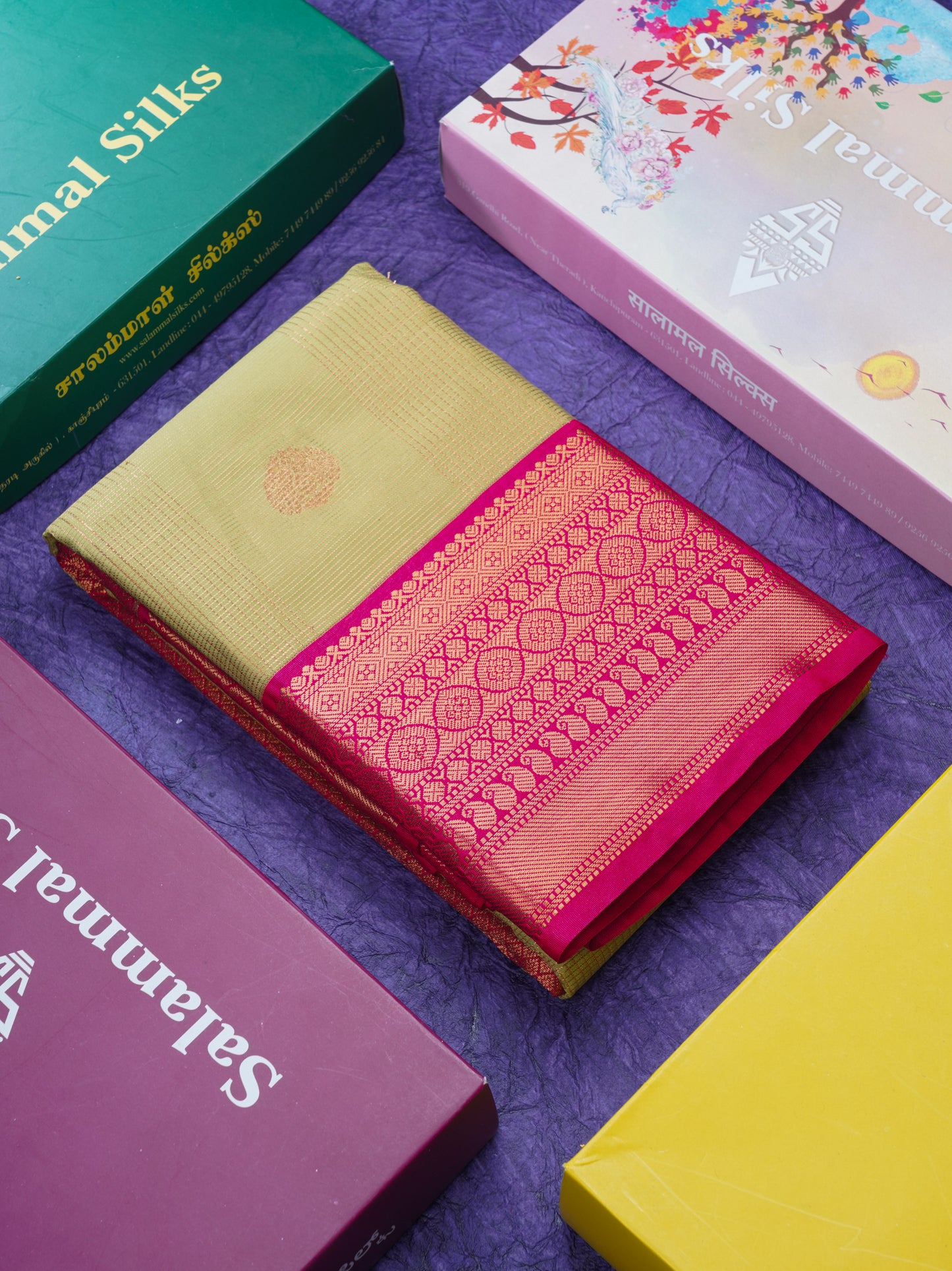 Light Elaichi Green Vairaoosi Lines & Checks With Butta Semi Silk Saree With Contrast Pink Border