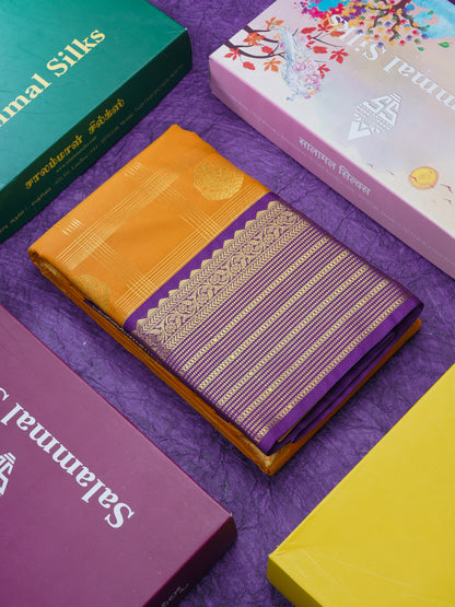 Mustard Yellow Semi Silk Saree With Contrast Dark Purple Border