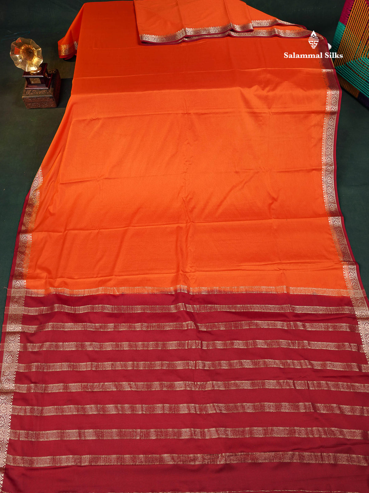 Semi Mysore Silk Saree - Rust Orange Colour Body Plain With Contrast Maroon Small Border