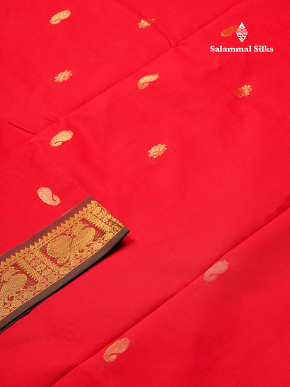 Beautiful Chilly Red Mango Zari Butta Red Semi Silk Cotton Saree With Contrast Saffire Green Blouse