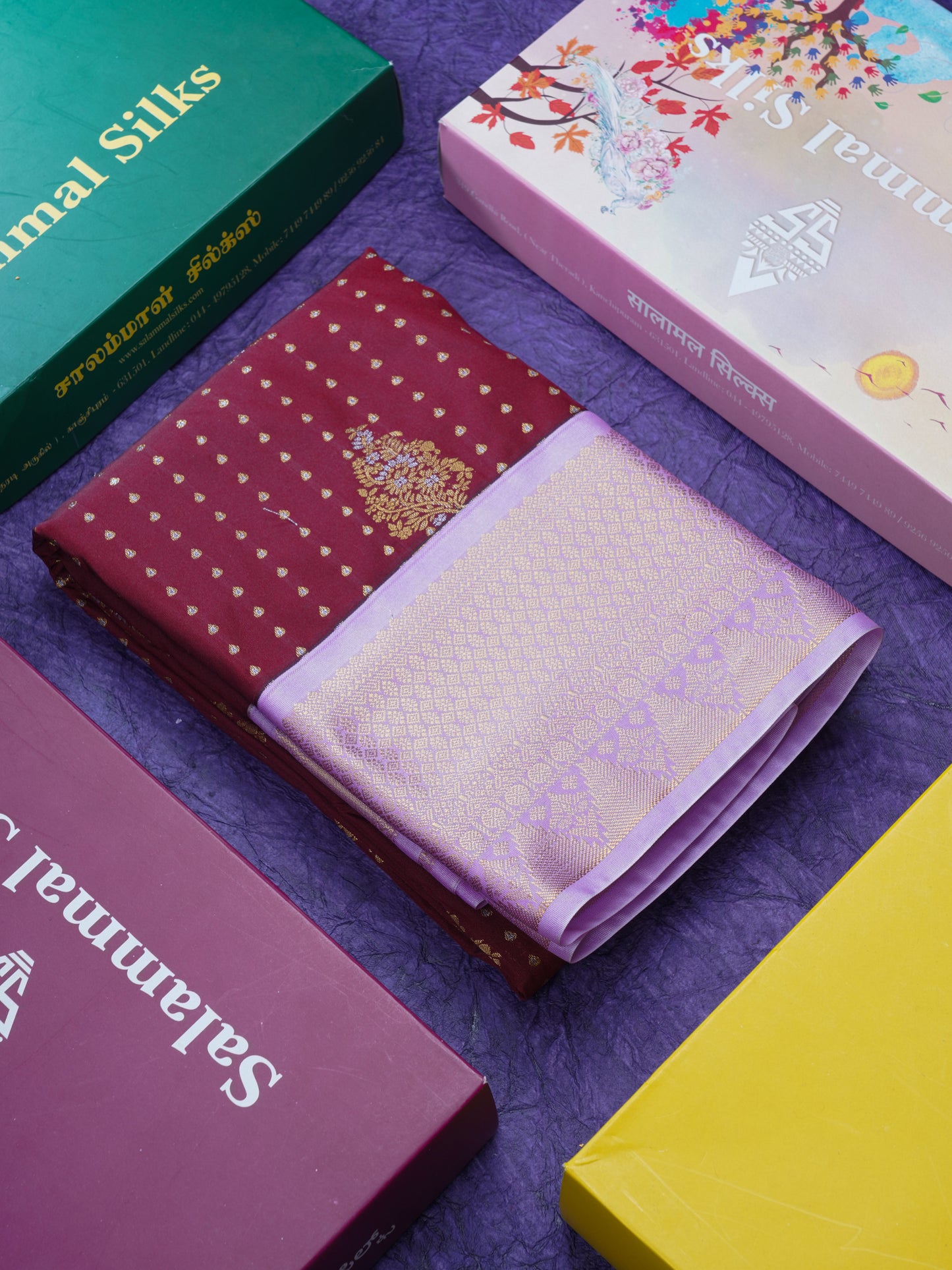 Dark Maroon Semi Silk Saree With Contrast Lavender Border