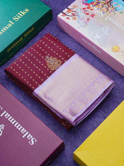 Dark Maroon Semi Silk Saree With Contrast Lavender Border