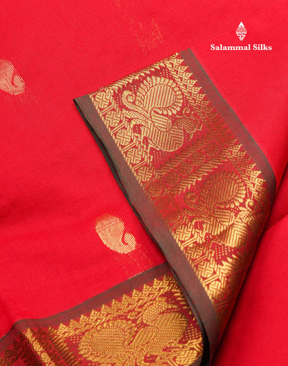 Beautiful Chilly Red Mango Zari Butta Red Semi Silk Cotton Saree With Contrast Saffire Green Blouse