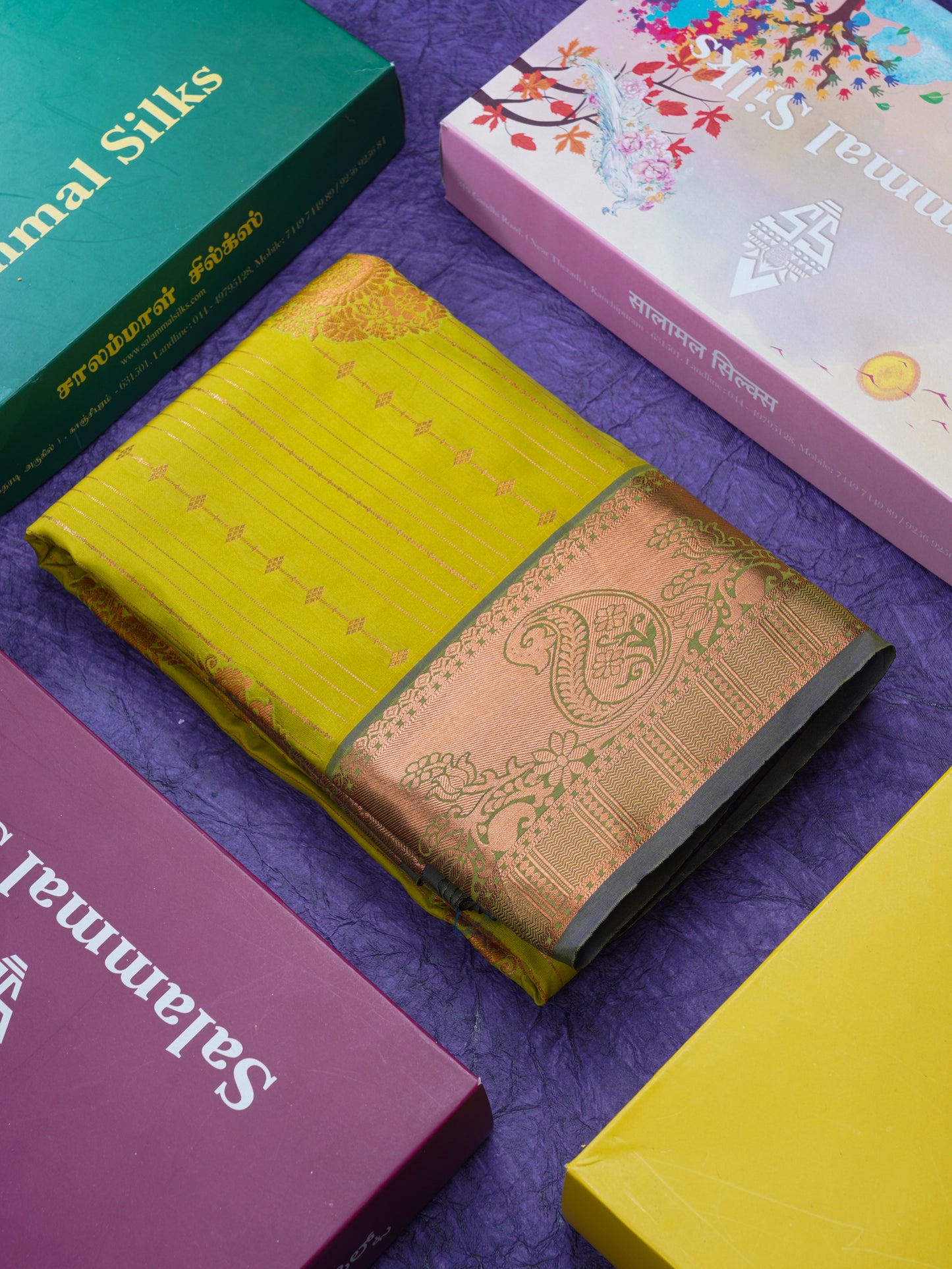 Manthulir Green Semi Silk Saree With Contrast Violet Blouse