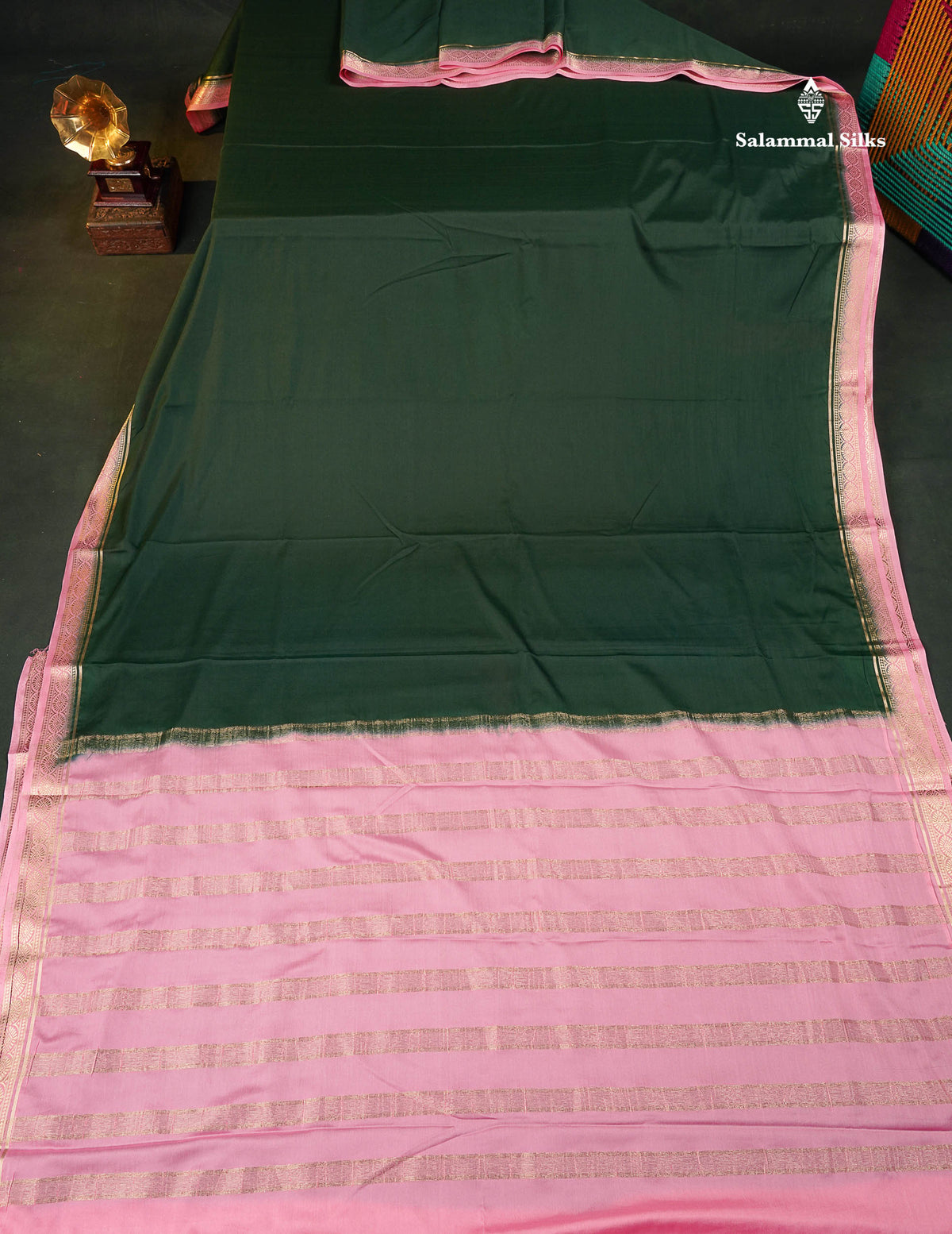 Semi Mysore Silk Saree - Bottle Green Colour Body Plain With Contrast Baby Pink Small Border 
