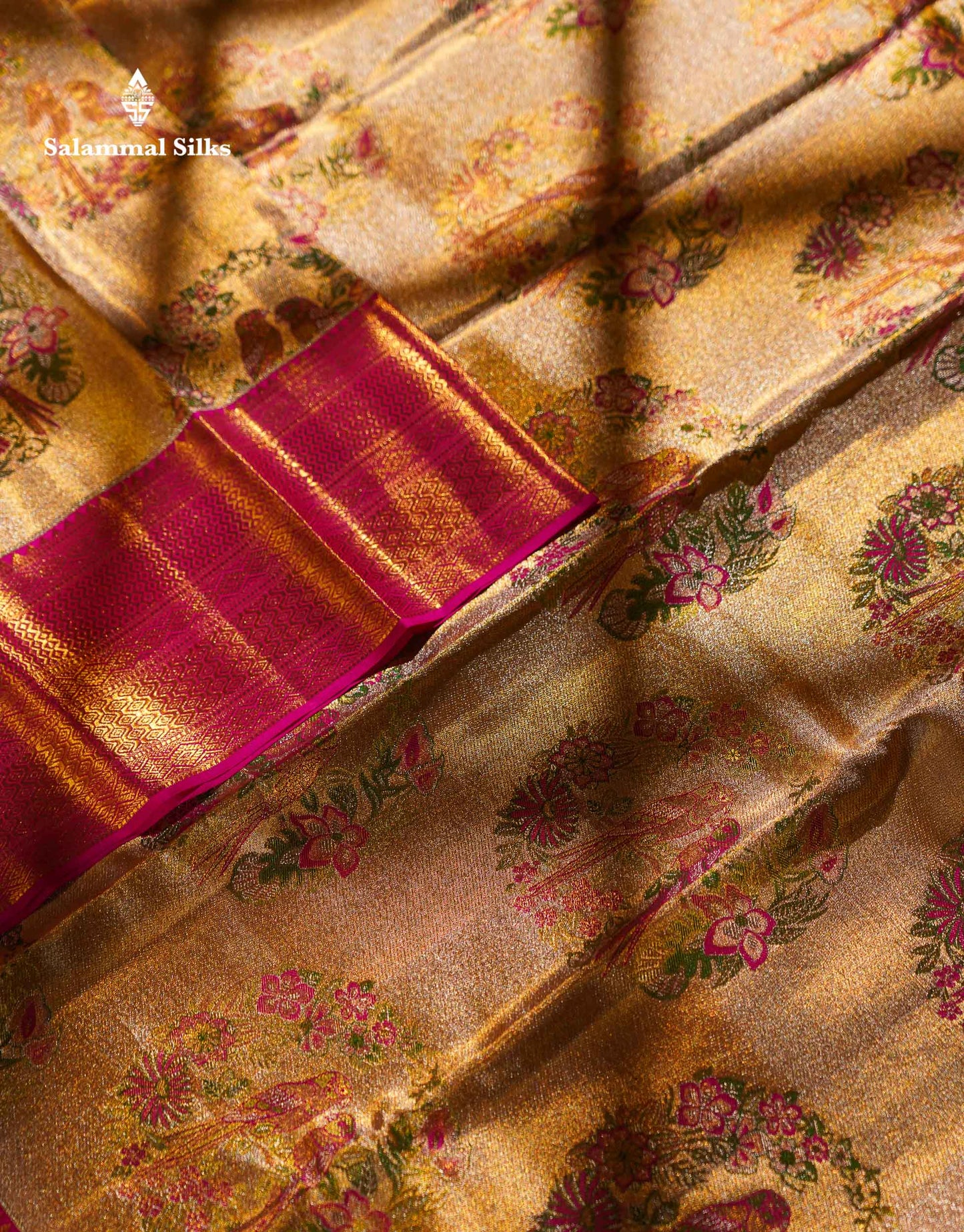 Beautiful Gold Tissue Bridal Pure Kanjivaram Silk Saree With Contrast Pink Traditional Border