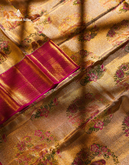 Beautiful Gold Tissue Bridal Pure Kanjivaram Silk Saree With Contrast Pink Traditional Border