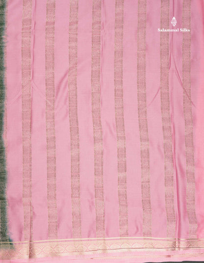 Semi Mysore Silk Saree - Bottle Green Colour Body Plain With Contrast Baby Pink Small Border
