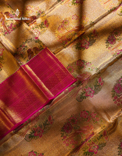 Beautiful Gold Tissue Bridal Pure Kanjivaram Silk Saree With Contrast Pink Traditional Border