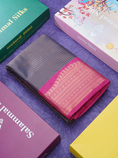 Dark Navy Blue Vaira Oosi Checks Semi Silk Saree With Contrast Pink Turning Border