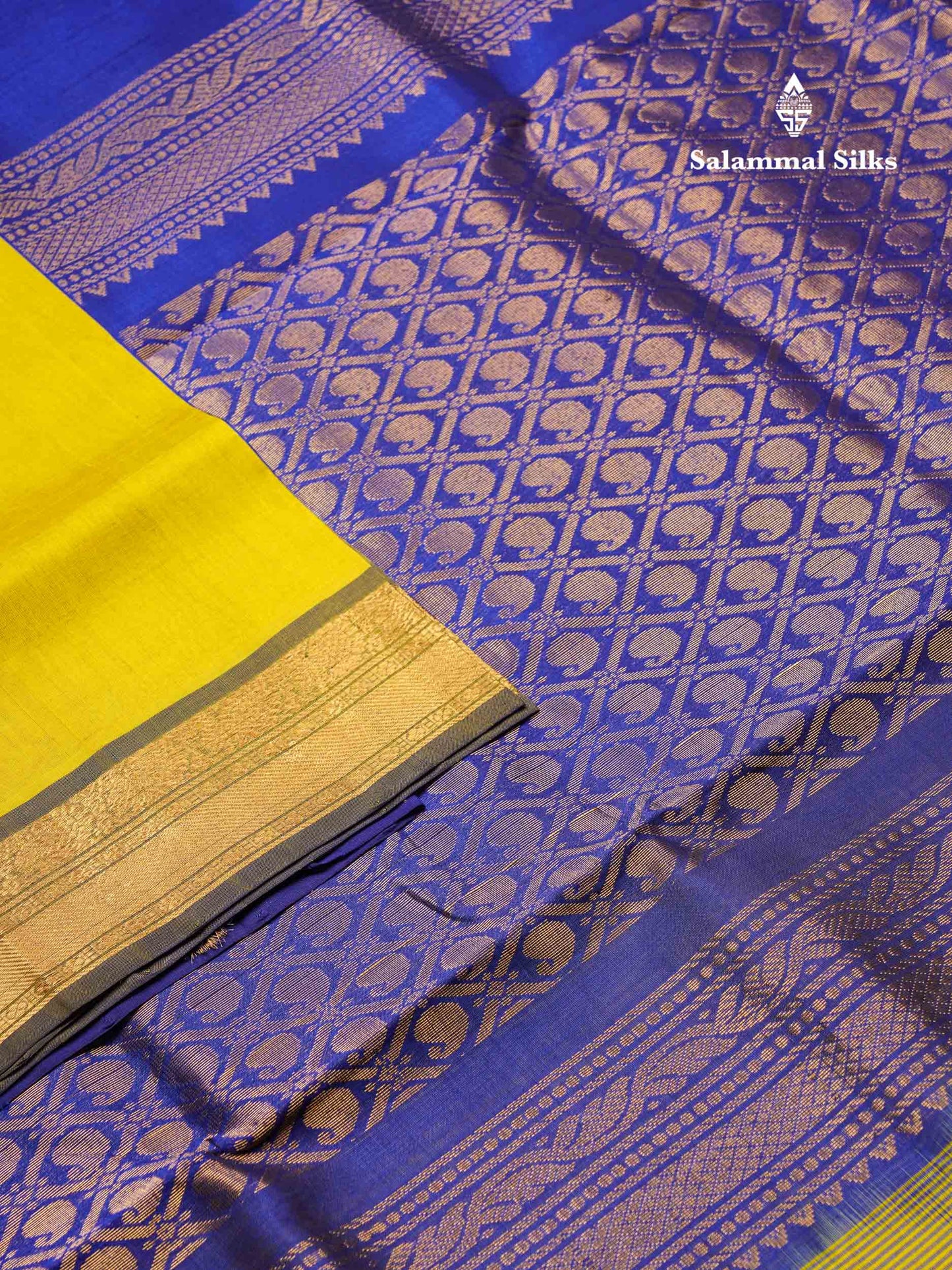 Beautiful Lemon Yellow Semi Silk Cotton Saree With Royal Blue Traditional Border