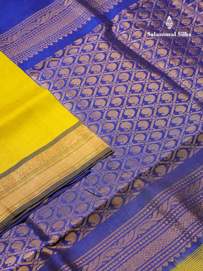 Beautiful Lemon Yellow Semi Silk Cotton Saree With Royal Blue Traditional Border