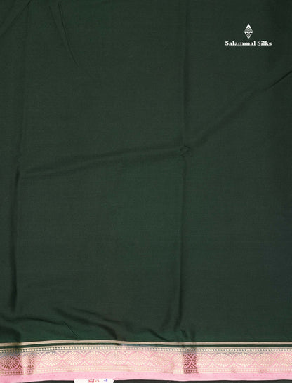 Semi Mysore Silk Saree - Bottle Green Colour Body Plain With Contrast Baby Pink Small Border