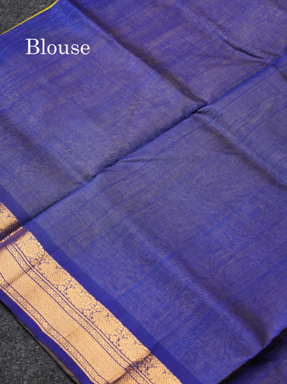 Beautiful Lemon Yellow Semi Silk Cotton Saree With Royal Blue Traditional Border