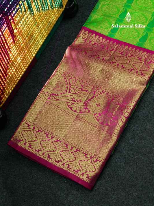 Pure Silk Pattu Pavadai (Green) With Magenta Blouse 44"