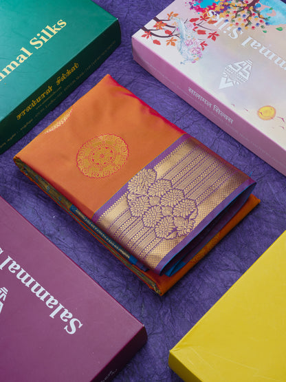 Dual Tone Rust Orange Semi Silk Saree With Contrast Blue Blouse