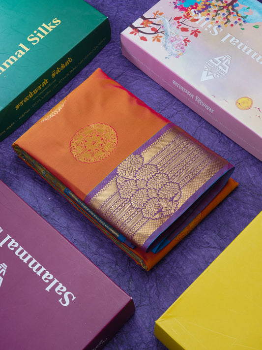 Dual Tone Rust Orange Semi Silk Saree With Contrast Blue Blouse