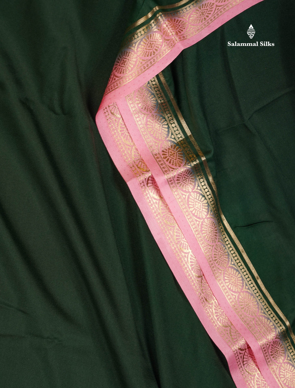 Semi Mysore Silk Saree - Bottle Green Colour Body Plain With Contrast Baby Pink Small Border