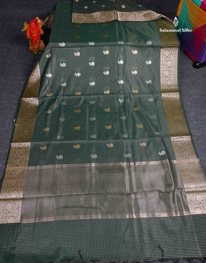 Cotton Mix Saree - Bottle Green Colour Body Checks Silver & Gold Zari Butta With Fancy Border