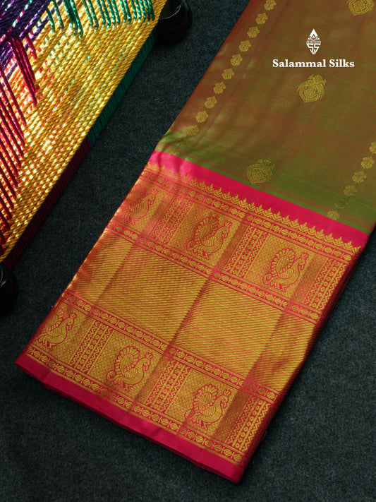 Dual Tone Pure Silk Pattu Pavadai (Brown & Green) With Pink Blouse 44"