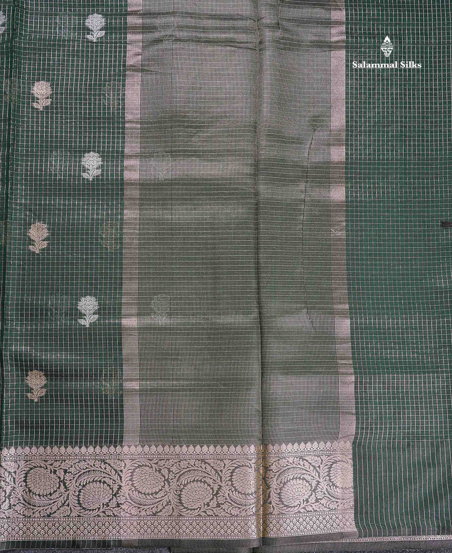Cotton Mix Saree - Bottle Green Colour Body Checks Silver & Gold Zari Butta With Fancy Border