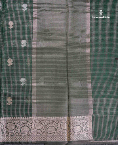 Cotton Mix Saree - Bottle Green Colour Body Checks Silver & Gold Zari Butta With Fancy Border