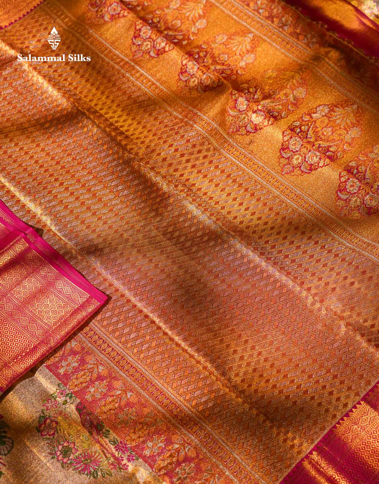 Beautiful Gold Tissue Bridal Pure Kanjivaram Silk Saree With Contrast Pink Traditional Border