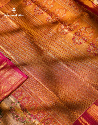 Beautiful Gold Tissue Bridal Pure Kanjivaram Silk Saree With Contrast Pink Traditional Border