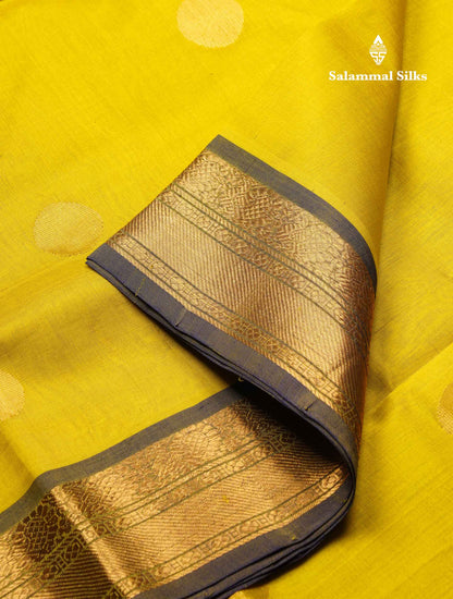 Beautiful Lemon Yellow Semi Silk Cotton Saree With Royal Blue Traditional Border