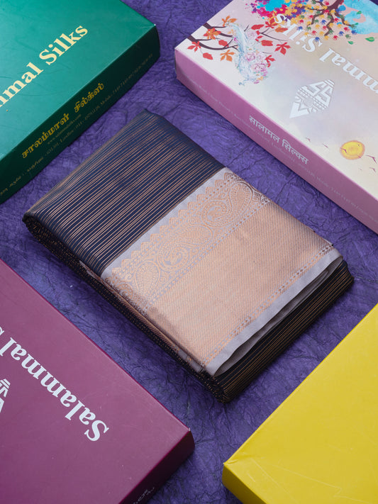 Dark Navy Blue Vairaoosi Lines Semi Silk Saree With Contrast Light Grey Border