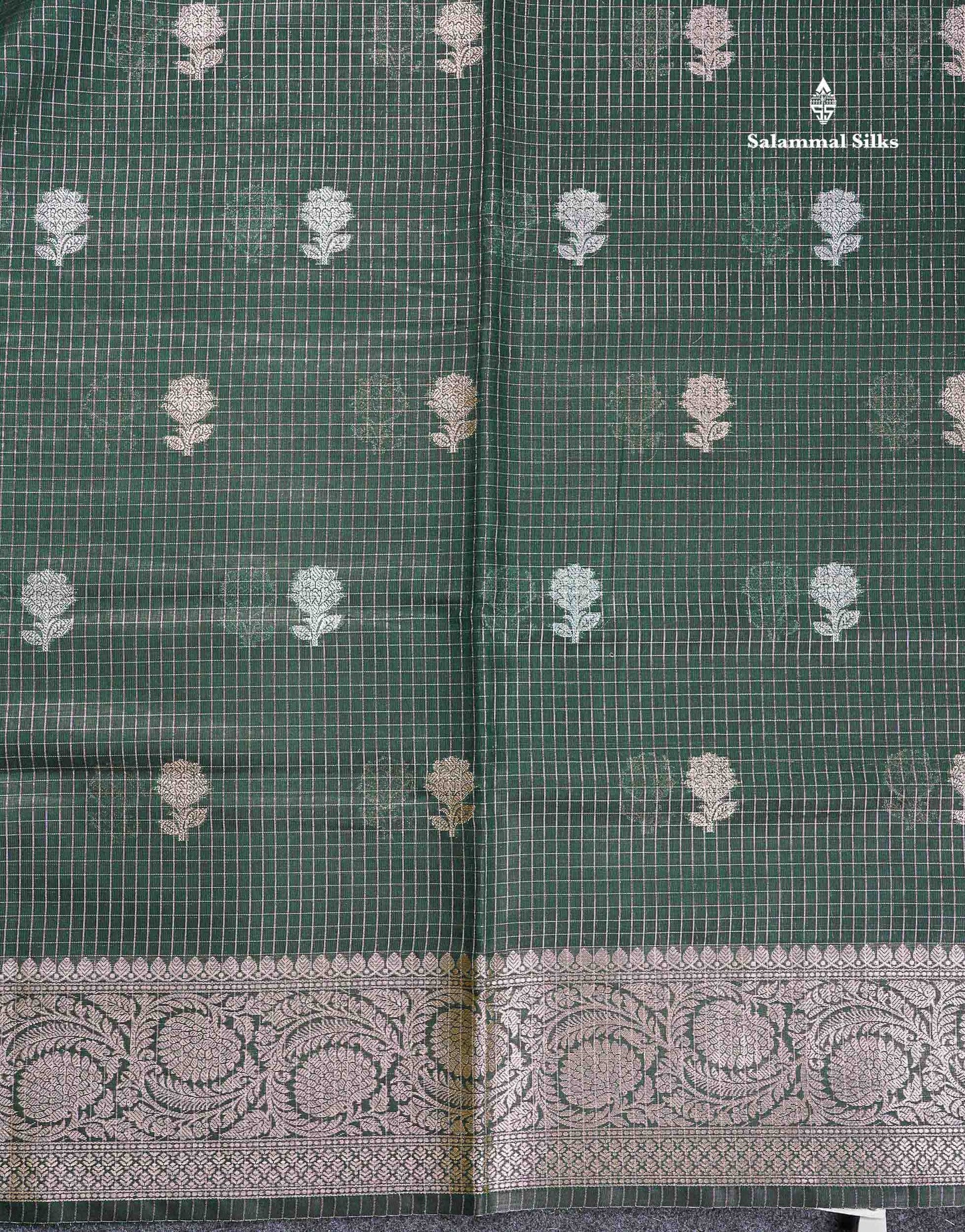 Cotton Mix Saree - Bottle Green Colour Body Checks Silver & Gold Zari Butta With Fancy Border