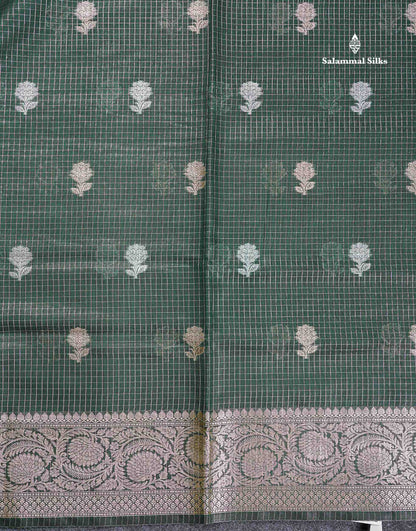 Cotton Mix Saree - Bottle Green Colour Body Checks Silver & Gold Zari Butta With Fancy Border