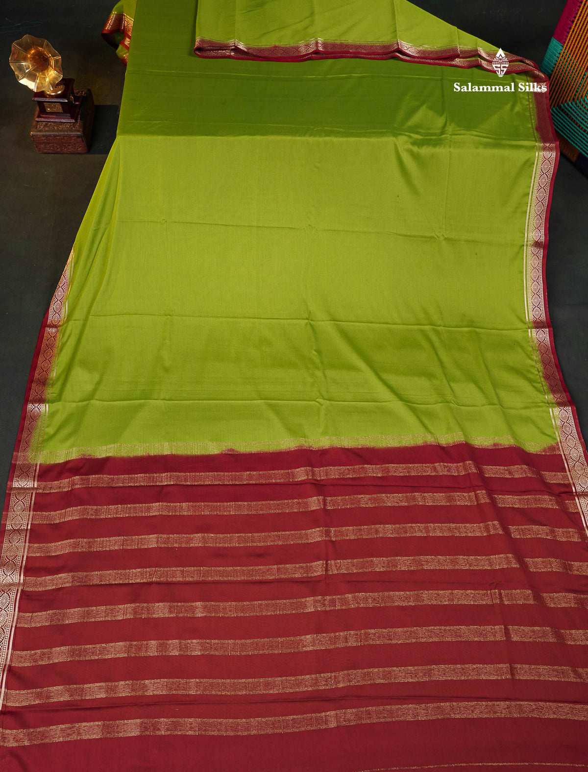 Semi Mysore Silk Saree - Lime Green Colour Body Plain With Contrast Maroon Small Border 