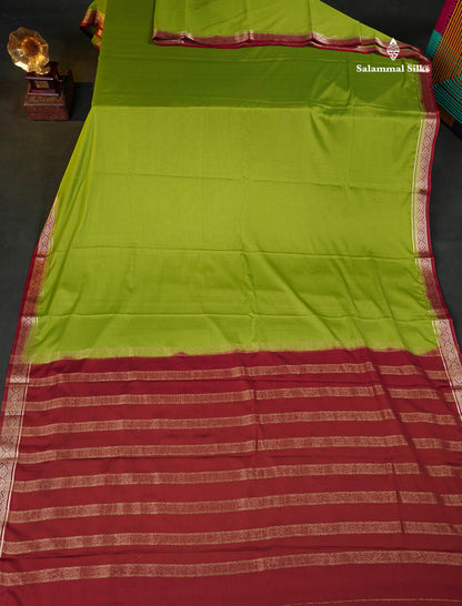 Semi Mysore Silk Saree - Lime Green Colour Body Plain With Contrast Maroon Small Border 