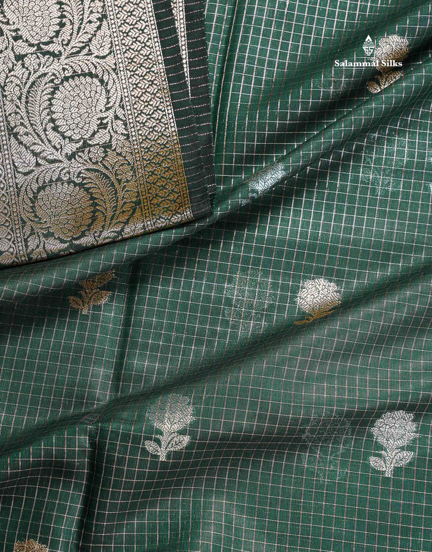Cotton Mix Saree - Bottle Green Colour Body Checks Silver & Gold Zari Butta With Fancy Border