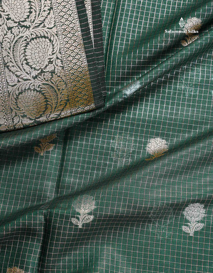 Cotton Mix Saree - Bottle Green Colour Body Checks Silver & Gold Zari Butta With Fancy Border